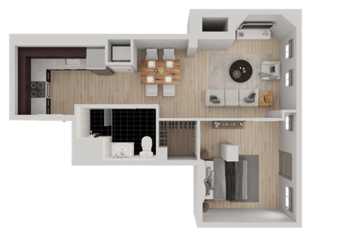 Floor plan for 1 bed, 1 bath, 687 sqft